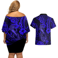 Hawaii Fish Hook Couples Matching Off Shoulder Short Dress and Hawaiian Shirt Polynesian Pattern Navy Blue Version LT01 - Polynesian Pride