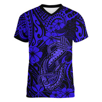 Hawaii Fish Hook Women V Neck T Shirt Polynesian Pattern Navy Blue Version LT01 Female Blue - Polynesian Pride