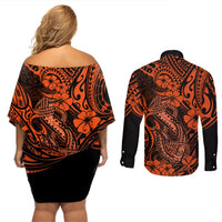Hawaii Fish Hook Couples Matching Off Shoulder Short Dress and Long Sleeve Button Shirts Polynesian Pattern Orange Version LT01 - Polynesian Pride