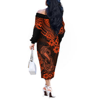 Hawaii Fish Hook Off The Shoulder Long Sleeve Dress Polynesian Pattern Orange Version LT01 - Polynesian Pride