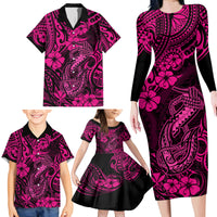 Hawaii Fish Hook Family Matching Long Sleeve Bodycon Dress and Hawaiian Shirt Hibiscus Hawaii Tribal Tattoo Pink Version LT01 - Polynesian Pride