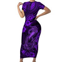 Hawaii Fish Hook Short Sleeve Bodycon Dress Hibiscus Hawaii Tribal Tattoo Purple Version LT01 Long Dress Purple - Polynesian Pride