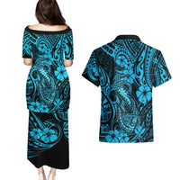 Hawaii Fish Hook Couples Matching Puletasi Dress and Hawaiian Shirt Hibiscus Hawaii Tribal Tattoo Sky Blue Version LT01 - Polynesian Pride