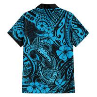 Hawaii Fish Hook Family Matching Puletasi Dress and Hawaiian Shirt Hibiscus Hawaii Tribal Tattoo Sky Blue Version LT01 - Polynesian Pride