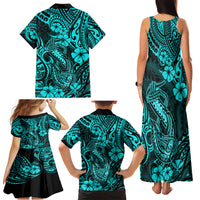 Hawaii Fish Hook Family Matching Tank Maxi Dress and Hawaiian Shirt Hibiscus Hawaii Tribal Tattoo Turquoise Version LT01 - Polynesian Pride