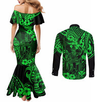 Hawaii King Kamehameha Couples Matching Mermaid Dress and Long Sleeve Button Shirts Polynesian Pattern Green Version LT01 - Polynesian Pride