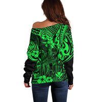 Hawaii King Kamehameha Off Shoulder Sweater Polynesian Pattern Green Version LT01 - Polynesian Pride
