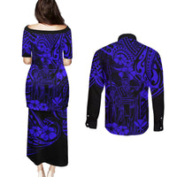 Hawaii King Kamehameha Couples Matching Puletasi Dress and Long Sleeve Button Shirts Polynesian Pattern Navy Blue Version LT01 - Polynesian Pride