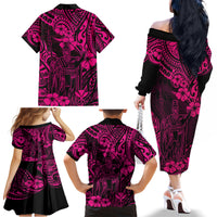 Hawaii King Kamehameha Family Matching Off Shoulder Long Sleeve Dress and Hawaiian Shirt Polynesian Pattern Pink Version LT01 - Polynesian Pride