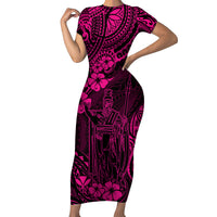 Hawaii King Kamehameha Family Matching Short Sleeve Bodycon Dress and Hawaiian Shirt Polynesian Pattern Pink Version LT01 Mom's Dress Pink - Polynesian Pride