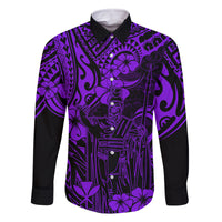 Hawaii King Kamehameha Family Matching Off Shoulder Long Sleeve Dress and Hawaiian Shirt Polynesian Pattern Purple Version LT01 Dad's Shirt - Long Sleeve Purple - Polynesian Pride