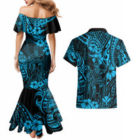 Hawaii King Kamehameha Couples Matching Mermaid Dress and Hawaiian Shirt Polynesian Pattern Sky Blue Version LT01 - Polynesian Pride