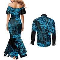 Hawaii King Kamehameha Couples Matching Mermaid Dress and Long Sleeve Button Shirts Polynesian Pattern Sky Blue Version LT01 - Polynesian Pride
