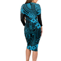 Hawaii King Kamehameha Long Sleeve Bodycon Dress Polynesian Pattern Sky Blue Version LT01 - Polynesian Pride