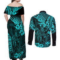 Hawaii King Kamehameha Couples Matching Off Shoulder Maxi Dress and Long Sleeve Button Shirts Polynesian Pattern Turquoise Version LT01 - Polynesian Pride