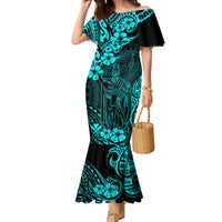 Hawaii King Kamehameha Family Matching Mermaid Dress and Hawaiian Shirt Polynesian Pattern Turquoise Version LT01 Mom's Dress Turquoise - Polynesian Pride