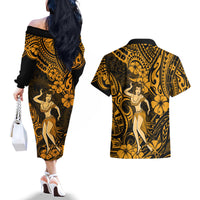 Hawaii Hula Girl Couples Matching Off The Shoulder Long Sleeve Dress and Hawaiian Shirt Polynesian Pattern Gold Version LT01 - Polynesian Pride