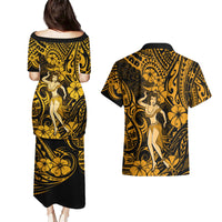 Hawaii Hula Girl Couples Matching Puletasi Dress and Hawaiian Shirt Polynesian Pattern Gold Version LT01 - Polynesian Pride