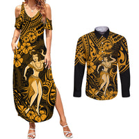 Hawaii Hula Girl Couples Matching Summer Maxi Dress and Long Sleeve Button Shirts Polynesian Pattern Gold Version LT01 Gold - Polynesian Pride