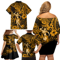 Hawaii Hula Girl Family Matching Off Shoulder Short Dress and Hawaiian Shirt Polynesian Pattern Gold Version LT01 - Polynesian Pride