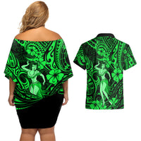 Hawaii Hula Girl Couples Matching Off Shoulder Short Dress and Hawaiian Shirt Polynesian Pattern Green Version LT01 - Polynesian Pride