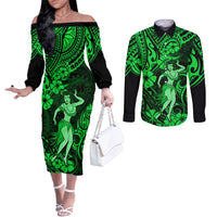 Hawaii Hula Girl Couples Matching Off The Shoulder Long Sleeve Dress and Long Sleeve Button Shirts Polynesian Pattern Green Version LT01 Green - Polynesian Pride