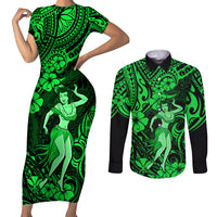 Hawaii Hula Girl Couples Matching Short Sleeve Bodycon Dress and Long Sleeve Button Shirts Polynesian Pattern Green Version LT01 Green - Polynesian Pride