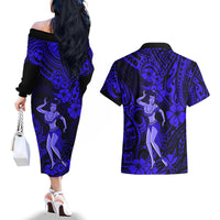 Hawaii Hula Girl Couples Matching Off The Shoulder Long Sleeve Dress and Hawaiian Shirt Polynesian Pattern Navy Blue Version LT01 - Polynesian Pride