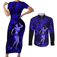 Hawaii Hula Girl Couples Matching Short Sleeve Bodycon Dress and Long Sleeve Button Shirts Polynesian Pattern Navy Blue Version LT01 Blue - Polynesian Pride