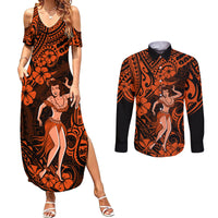Hawaii Hula Girl Couples Matching Summer Maxi Dress and Long Sleeve Button Shirts Polynesian Pattern Orange Version LT01 Orange - Polynesian Pride