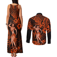 Hawaii Hula Girl Couples Matching Tank Maxi Dress and Long Sleeve Button Shirts Polynesian Pattern Orange Version LT01 - Polynesian Pride