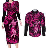 Hawaii Hula Girl Couples Matching Long Sleeve Bodycon Dress and Long Sleeve Button Shirts Polynesian Pattern Pink Version LT01 Pink - Polynesian Pride