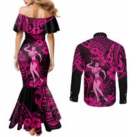 Hawaii Hula Girl Couples Matching Mermaid Dress and Long Sleeve Button Shirts Polynesian Pattern Pink Version LT01 - Polynesian Pride
