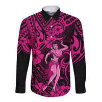 Hawaii Hula Girl Long Sleeve Button Shirt Polynesian Pattern Pink Version LT01 Unisex Pink - Polynesian Pride
