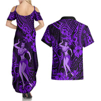 Hawaii Hula Girl Couples Matching Summer Maxi Dress and Hawaiian Shirt Hibiscus Hawaii Tribal Tattoo Purple Version LT01 - Polynesian Pride