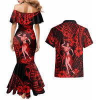 Hawaii Hula Girl Couples Matching Mermaid Dress and Hawaiian Shirt Hibiscus Hawaii Tribal Tattoo Red Version LT01 - Polynesian Pride