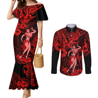 Hawaii Hula Girl Couples Matching Mermaid Dress and Long Sleeve Button Shirts Hibiscus Hawaii Tribal Tattoo Red Version LT01 Red - Polynesian Pride