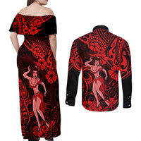 Hawaii Hula Girl Couples Matching Off Shoulder Maxi Dress and Long Sleeve Button Shirts Hibiscus Hawaii Tribal Tattoo Red Version LT01 - Polynesian Pride