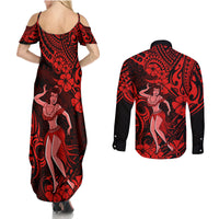 Hawaii Hula Girl Couples Matching Summer Maxi Dress and Long Sleeve Button Shirts Hibiscus Hawaii Tribal Tattoo Red Version LT01 - Polynesian Pride