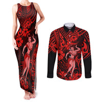 Hawaii Hula Girl Couples Matching Tank Maxi Dress and Long Sleeve Button Shirts Hibiscus Hawaii Tribal Tattoo Red Version LT01 Red - Polynesian Pride