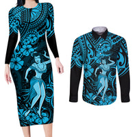 Hawaii Hula Girl Couples Matching Long Sleeve Bodycon Dress and Long Sleeve Button Shirts Hibiscus Hawaii Tribal Tattoo Sky Blue Version LT01 Blue - Polynesian Pride