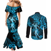 Hawaii Hula Girl Couples Matching Mermaid Dress and Long Sleeve Button Shirts Hibiscus Hawaii Tribal Tattoo Sky Blue Version LT01 - Polynesian Pride