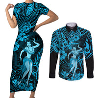 Hawaii Hula Girl Couples Matching Short Sleeve Bodycon Dress and Long Sleeve Button Shirts Hibiscus Hawaii Tribal Tattoo Sky Blue Version LT01 Blue - Polynesian Pride
