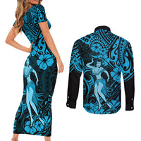 Hawaii Hula Girl Couples Matching Short Sleeve Bodycon Dress and Long Sleeve Button Shirts Hibiscus Hawaii Tribal Tattoo Sky Blue Version LT01 - Polynesian Pride