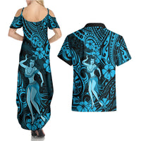Hawaii Hula Girl Couples Matching Summer Maxi Dress and Hawaiian Shirt Hibiscus Hawaii Tribal Tattoo Sky Blue Version LT01 - Polynesian Pride