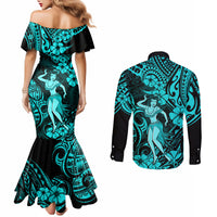 Hawaii Hula Girl Couples Matching Mermaid Dress and Long Sleeve Button Shirts Hibiscus Hawaii Tribal Tattoo Turquoise Version LT01 - Polynesian Pride