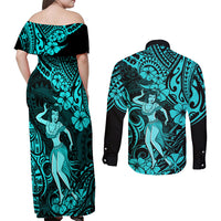 Hawaii Hula Girl Couples Matching Off Shoulder Maxi Dress and Long Sleeve Button Shirts Hibiscus Hawaii Tribal Tattoo Turquoise Version LT01 - Polynesian Pride