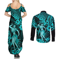 Hawaii Hula Girl Couples Matching Summer Maxi Dress and Long Sleeve Button Shirts Hibiscus Hawaii Tribal Tattoo Turquoise Version LT01 - Polynesian Pride