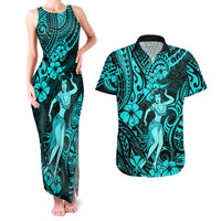 Hawaii Hula Girl Couples Matching Tank Maxi Dress and Hawaiian Shirt Hibiscus Hawaii Tribal Tattoo Turquoise Version LT01 Turquoise - Polynesian Pride