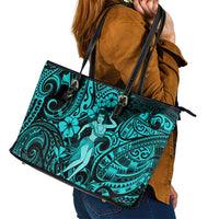 Hawaii Hula Girl Leather Tote Bag Hibiscus Hawaii Tribal Tattoo Turquoise Version LT01 - Polynesian Pride